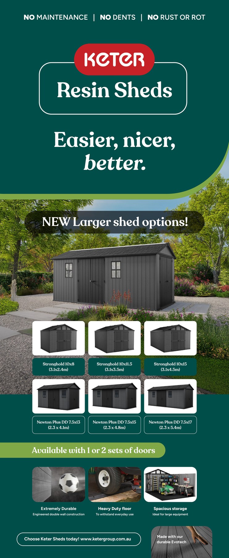 Keter Resin Sheds retail banner, 700mm by 1700mm, showing the full Stronghold and Newton Plus shed range with sizes and durability features