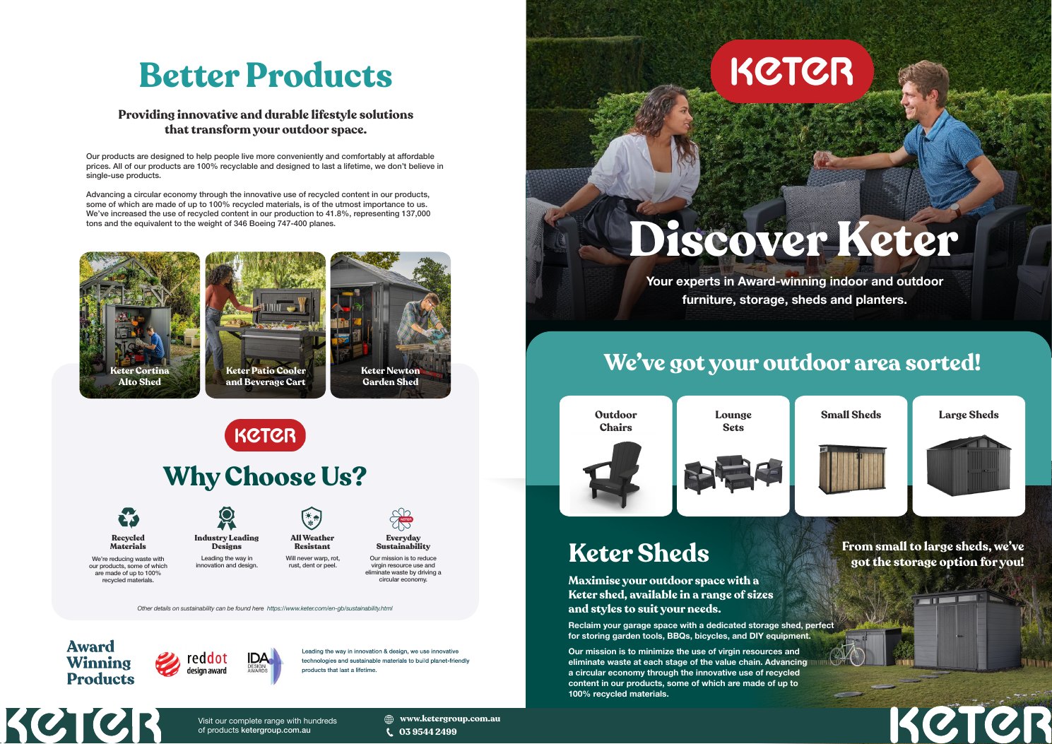 Keter range brochure outer spread with Discover Keter cover and Better Products page