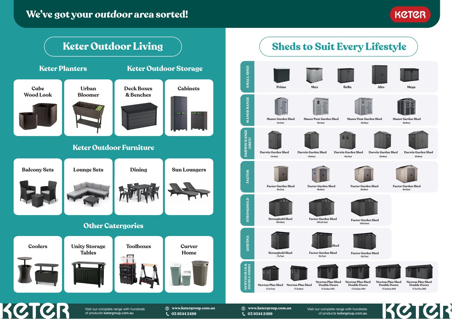 Keter brochure inner spread laying out the full outdoor living range and every shed model by size