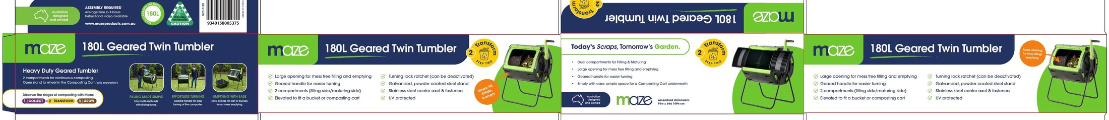 Printed retail panels for the Maze 180 litre geared twin tumbler carton, showing the front panel, feature lists and assembled dimensions