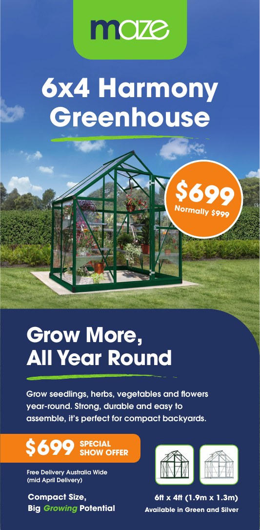 Large format show poster for the 6 by 4 Harmony Greenhouse with a show-only price offer